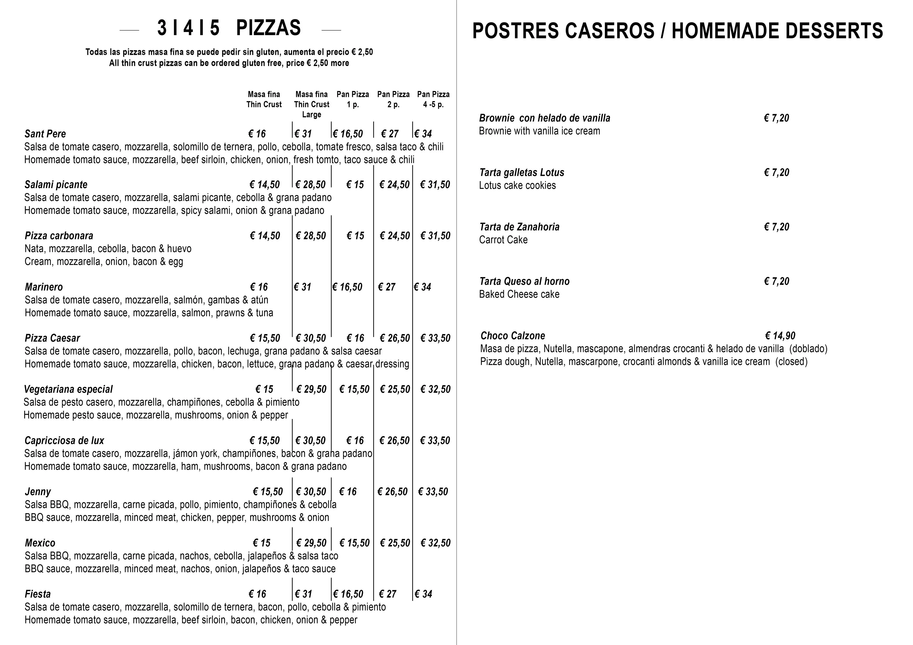 Pizzas y postres caseros